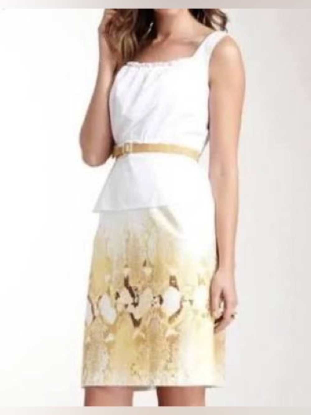 ELIE TAHARI BROOKE PEPLUM SHEATH DRESS WHITE SNAKESKIN YELLOW COTTON 12 NEW $368
